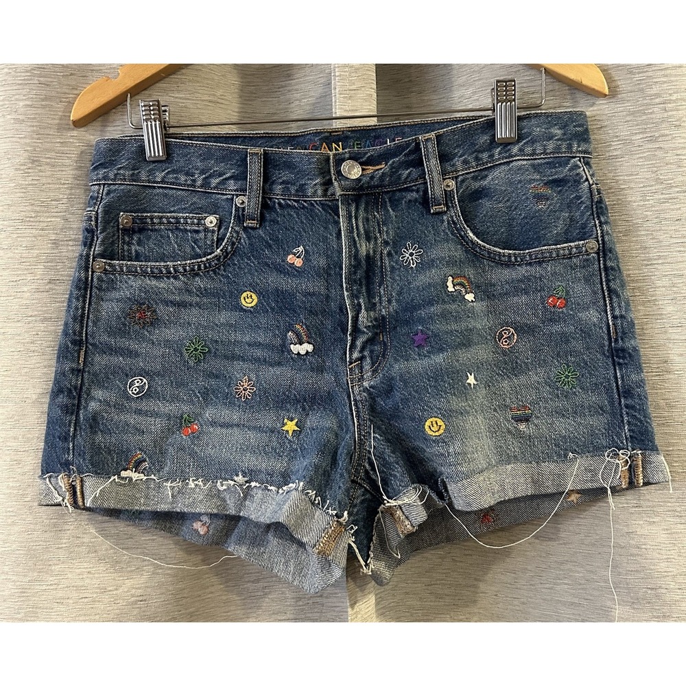 AEO American Eagle '90s Boyfriend Short Blue Denim Embroidered Size 6 Rainbow